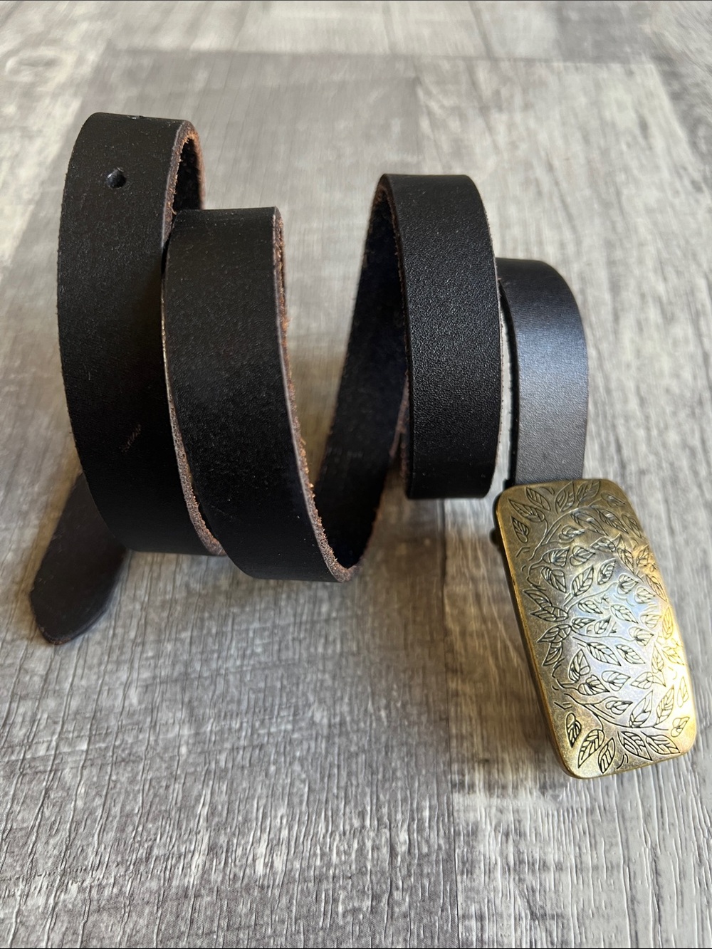 Vintage Madewell Dark Brown Leather Belt Engraved Brass Leaf Plaque Buckle Small